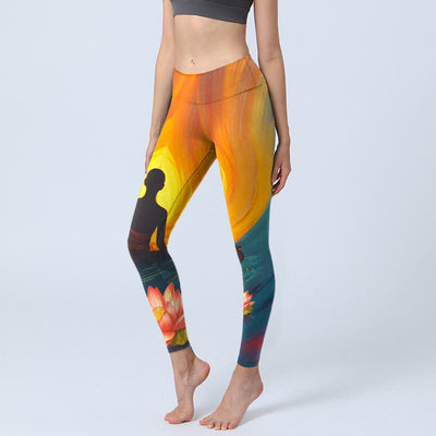 Buddha Stones Meditating Figure Lotus Flower Print Gym Leggings Women's Yoga Pants - SandyBrown - US18，UK/AU22，EU50 (4XL) - image 1