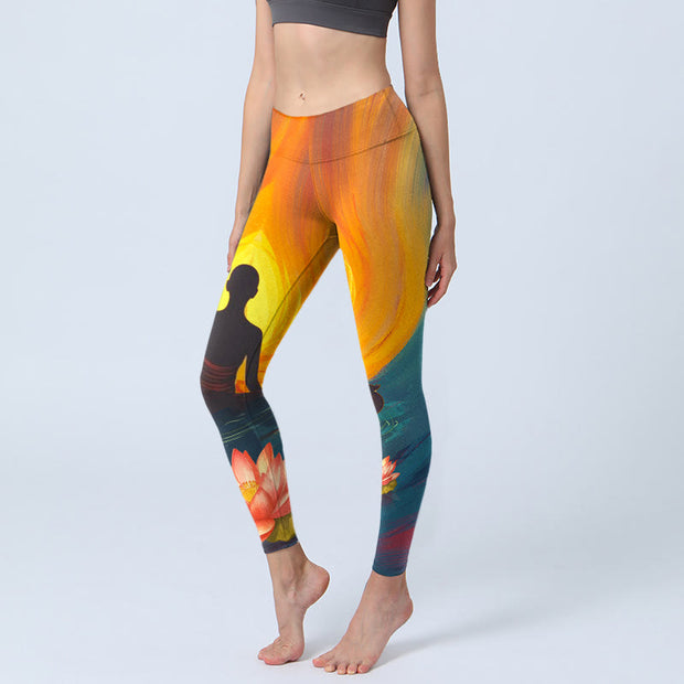 Buddha Stones Meditating Figure Lotus Flower Print Gym Leggings Women's Yoga Pants - SandyBrown - US18，UK/AU22，EU50 (4XL) - image 1