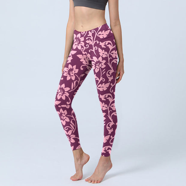 Buddha Stones Pink Sunflowers Print Gym Leggings Women's Yoga Pants - MediumVioletRed - US18，UK/AU22，EU50 (4XL) - image 1