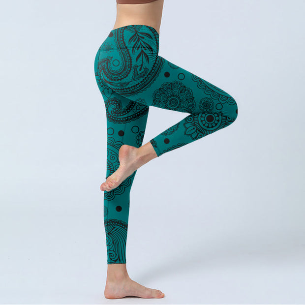 Buddha Stones Deep Green Cashew Flower Petals Print Gym Leggings Women's Yoga Pants - image 4