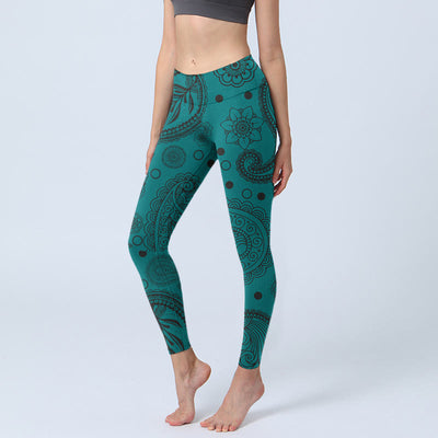 Buddha Stones Deep Green Cashew Flower Petals Print Gym Leggings Women's Yoga Pants - Teal - US18，UK/AU22，EU50 (4XL) - image 1