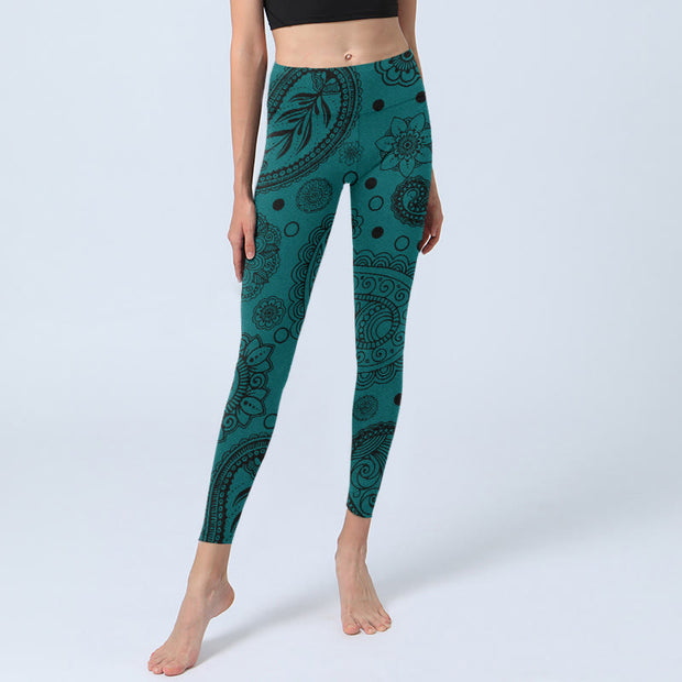 Buddha Stones Deep Green Cashew Flower Petals Print Gym Leggings Women's Yoga Pants - image 6