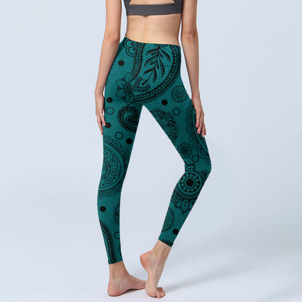 Buddha Stones Deep Green Cashew Flower Petals Print Gym Leggings Women's Yoga Pants - image 5