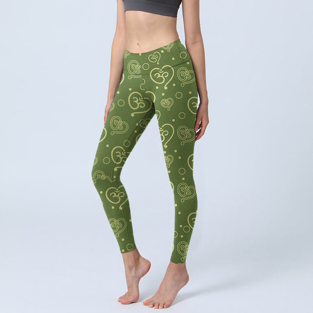 Buddha Stones Love Heart OM Symbol Print Gym Leggings Women's Yoga Pants - OliveDrab - US18，UK/AU22，EU50 (4XL) - image 1