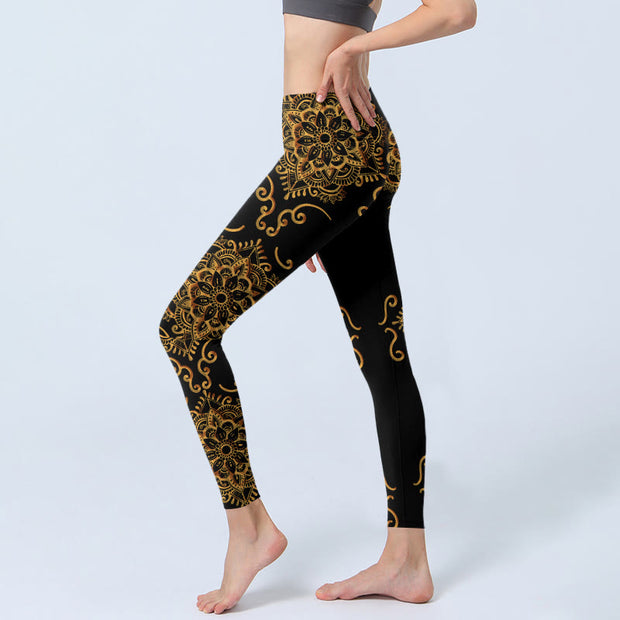 Buddha Stones Golden Mandala Flowers Print Gym Leggings Women's Yoga Pants - image 3