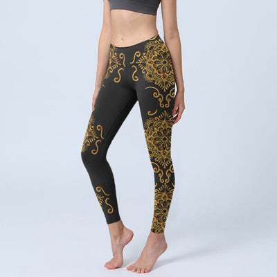 Buddha Stones Golden Mandala Flowers Print Gym Leggings Women's Yoga Pants - Black - US18，UK/AU22，EU50 (4XL) - image 1