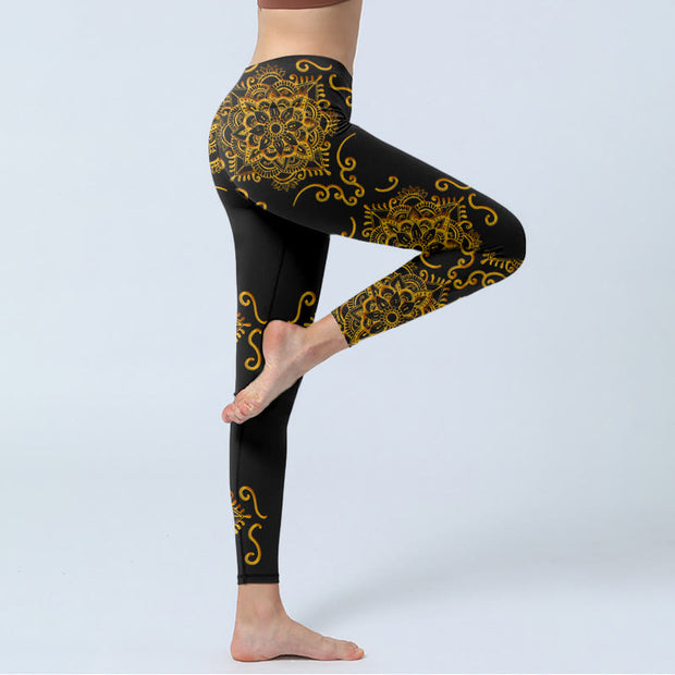 Buddha Stones Golden Mandala Flowers Print Gym Leggings Women's Yoga Pants - image 4