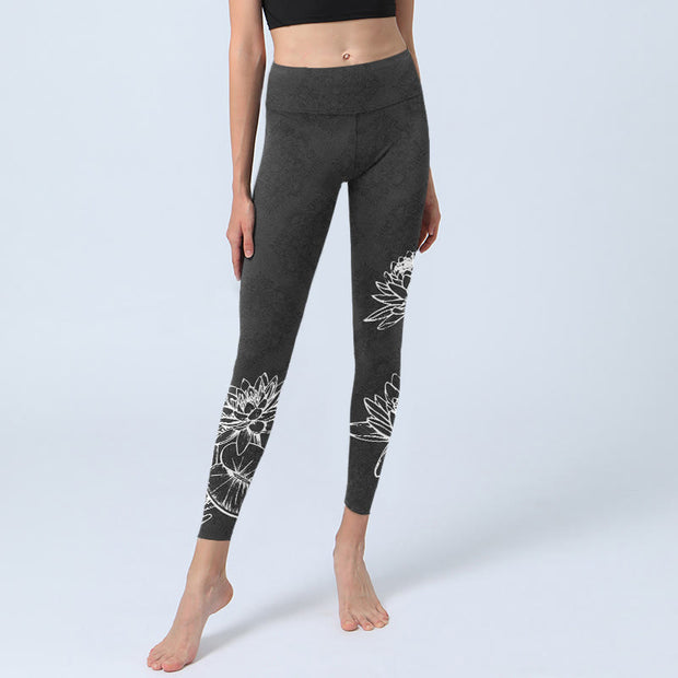 Buddha Stones White Sketch Lotus Flowers Leaves Print Gym Leggings Women's Yoga Pants - image 6