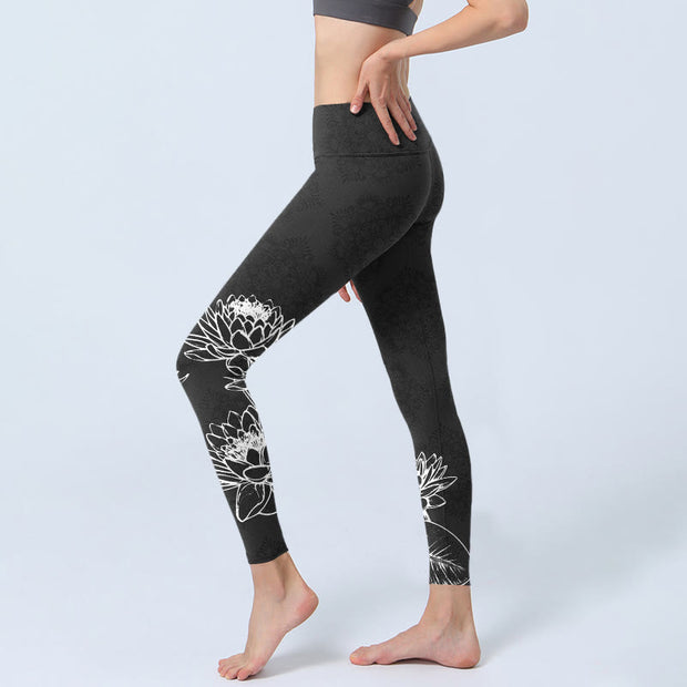 Buddha Stones White Sketch Lotus Flowers Leaves Print Gym Leggings Women's Yoga Pants - image 3