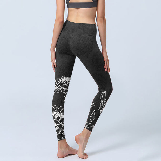 Buddha Stones White Sketch Lotus Flowers Leaves Print Gym Leggings Women's Yoga Pants - image 5