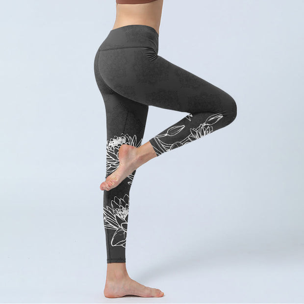 Buddha Stones White Sketch Lotus Flowers Leaves Print Gym Leggings Women's Yoga Pants - image 4