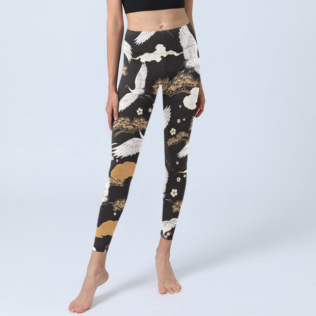 Buddha Stones White Red-crowned Cranes Golden Pine Trees Print Gym Leggings Women's Yoga Pants - image 6