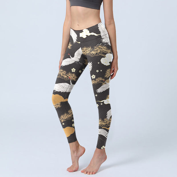 Buddha Stones White Red-crowned Cranes Golden Pine Trees Print Gym Leggings Women's Yoga Pants - Black - US18，UK/AU22，EU50 (4XL) - image 1