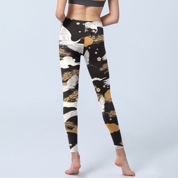 Buddha Stones White Red-crowned Cranes Golden Pine Trees Print Gym Leggings Women's Yoga Pants - image 7