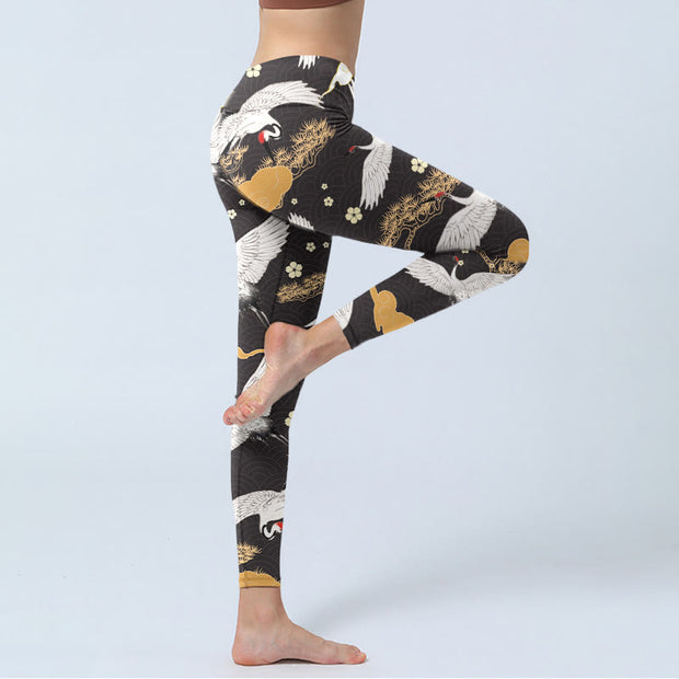 Buddha Stones White Red-crowned Cranes Golden Pine Trees Print Gym Leggings Women's Yoga Pants - image 4