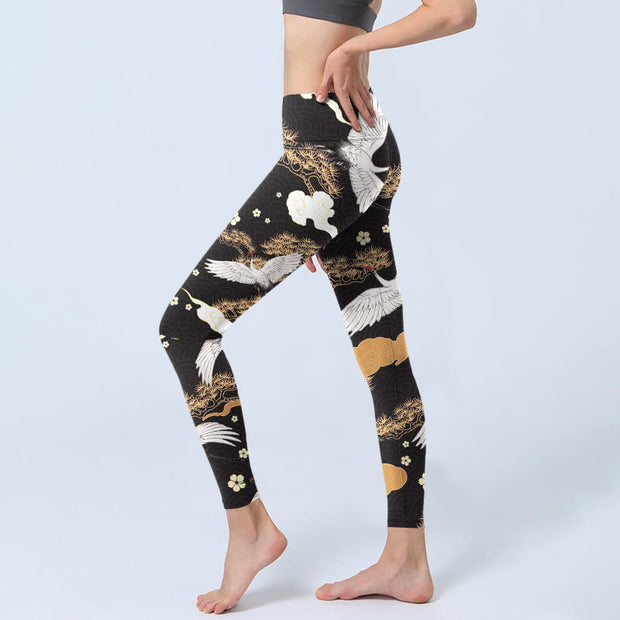 Buddha Stones White Red-crowned Cranes Golden Pine Trees Print Gym Leggings Women's Yoga Pants - image 3