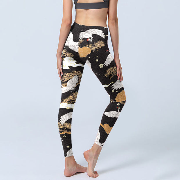 Buddha Stones White Red-crowned Cranes Golden Pine Trees Print Gym Leggings Women's Yoga Pants - image 5