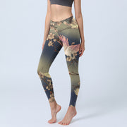 Buddha Stones White Crane White Blossoming Branch Print Gym Leggings Women's Yoga Pants - Black - US18，UK/AU22，EU50 (4XL) - image 1