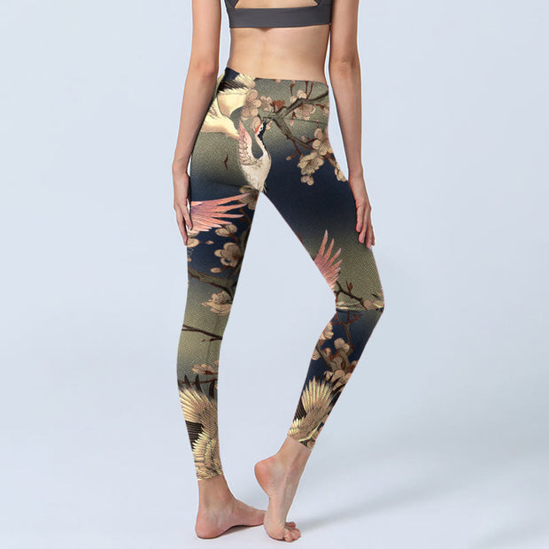Buddha Stones White Crane White Blossoming Branch Print Gym Leggings Women's Yoga Pants - image 5