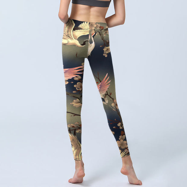 Buddha Stones White Crane White Blossoming Branch Print Gym Leggings Women's Yoga Pants - image 7