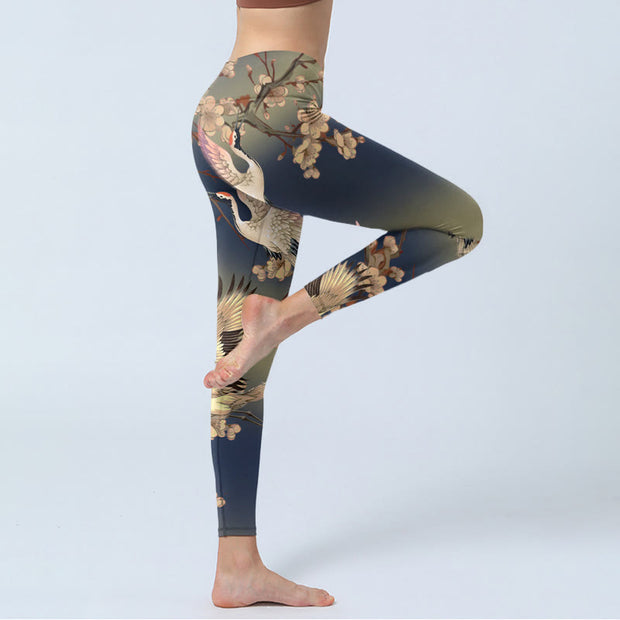 Buddha Stones White Crane White Blossoming Branch Print Gym Leggings Women's Yoga Pants - image 4