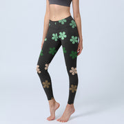 Buddha Stones Green Pink Five-petal Flowers Print Gym Leggings Women's Yoga Pants - Black - US18，UK/AU22，EU50 (4XL) - image 1