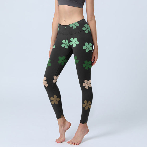Buddha Stones Green Pink Five-petal Flowers Print Gym Leggings Women's Yoga Pants - Black - US18，UK/AU22，EU50 (4XL) - image 1