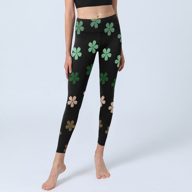 Buddha Stones Green Pink Five-petal Flowers Print Gym Leggings Women's Yoga Pants - image 6