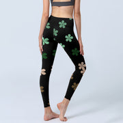 Buddha Stones Green Pink Five-petal Flowers Print Gym Leggings Women's Yoga Pants - image 5