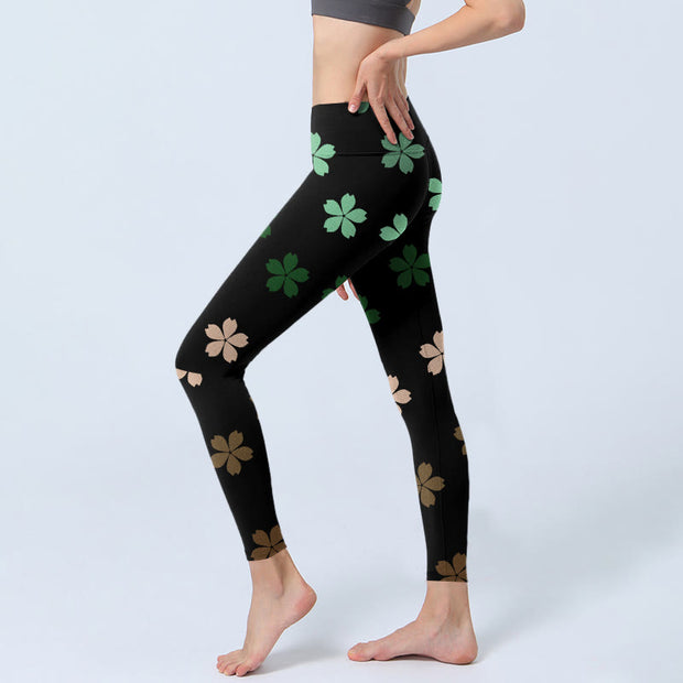 Buddha Stones Green Pink Five-petal Flowers Print Gym Leggings Women's Yoga Pants - image 3