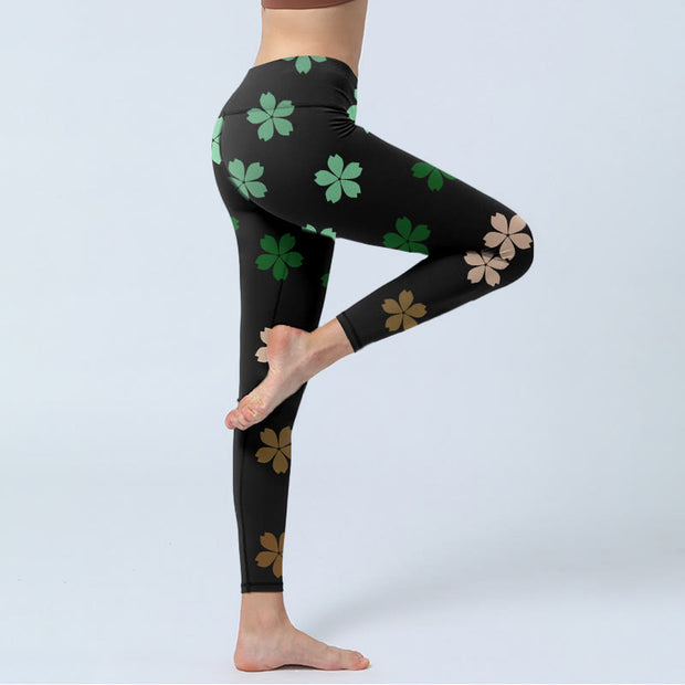 Buddha Stones Green Pink Five-petal Flowers Print Gym Leggings Women's Yoga Pants - image 4