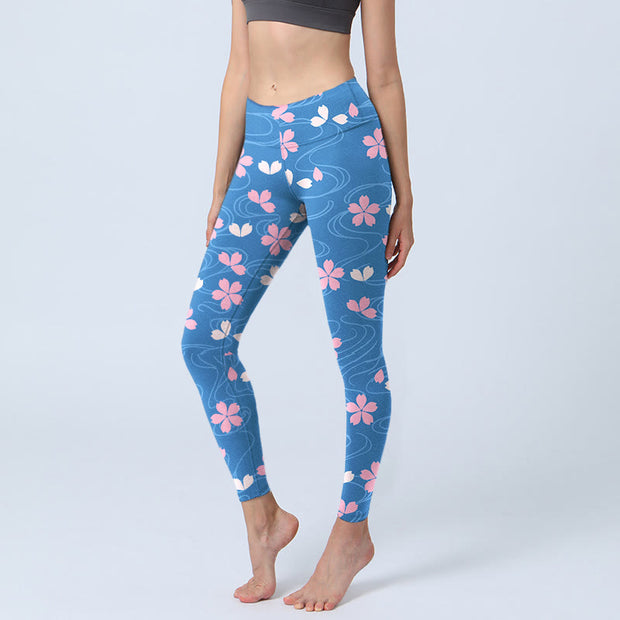 Buddha Stones Pink Cherry Blossoms Lines Print Gym Leggings Women's Yoga Pants - LightSkyBlue - US18，UK/AU22，EU50 (4XL) - image 1