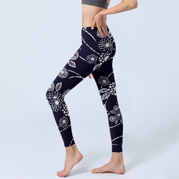 Buddha Stones White Sketch Chrysanthemums Print Gym Leggings Women's Yoga Pants - image 3