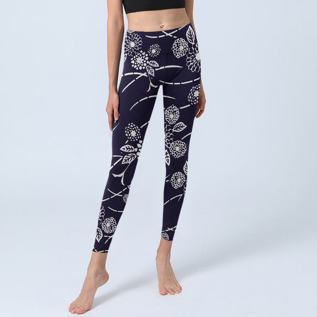 Buddha Stones White Sketch Chrysanthemums Print Gym Leggings Women's Yoga Pants - image 6