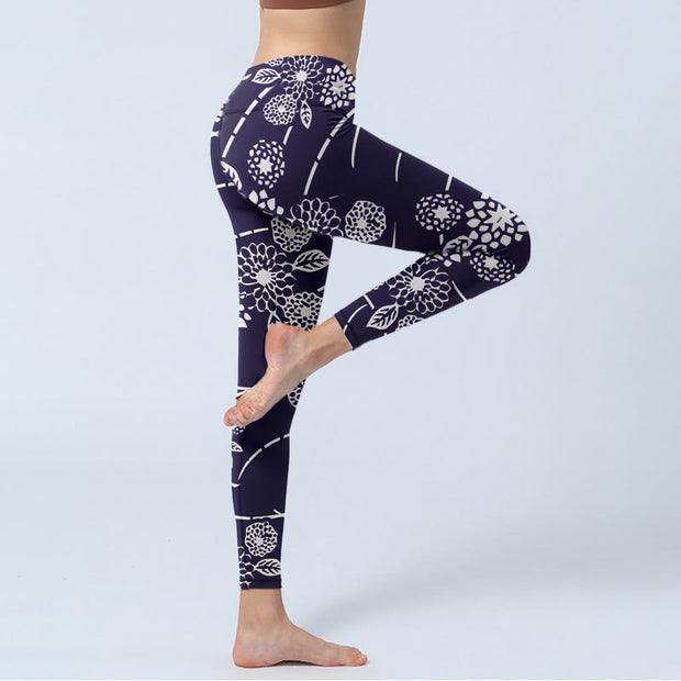 Buddha Stones White Sketch Chrysanthemums Print Gym Leggings Women's Yoga Pants - image 4