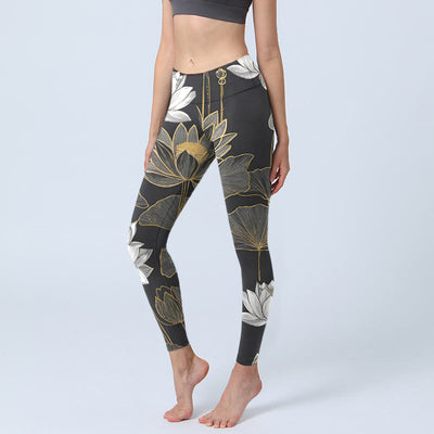Buddha Stones White Golden Lotus Leaves Print Gym Leggings Women's Yoga Pants - Black - US18，UK/AU22，EU50 (4XL) - image 1