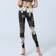 Buddha Stones White Golden Lotus Leaves Print Gym Leggings Women's Yoga Pants - image 7