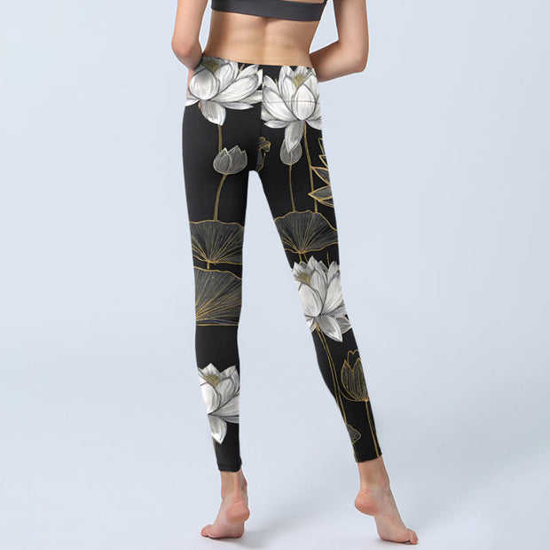 Buddha Stones White Golden Lotus Leaves Print Gym Leggings Women's Yoga Pants - image 7