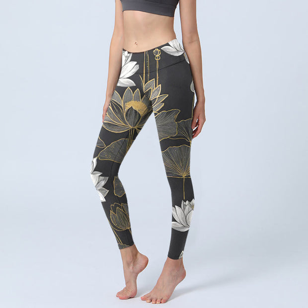 Buddha Stones White Golden Lotus Leaves Print Gym Leggings Women's Yoga Pants - Black - US18，UK/AU22，EU50 (4XL) - image 1