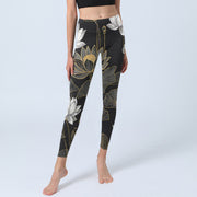 Buddha Stones White Golden Lotus Leaves Print Gym Leggings Women's Yoga Pants - image 6