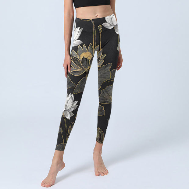 Buddha Stones White Golden Lotus Leaves Print Gym Leggings Women's Yoga Pants - image 6