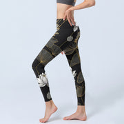 Buddha Stones White Golden Lotus Leaves Print Gym Leggings Women's Yoga Pants - image 3