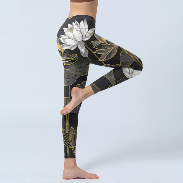 Buddha Stones White Golden Lotus Leaves Print Gym Leggings Women's Yoga Pants - image 4