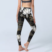 Buddha Stones White Golden Lotus Leaves Print Gym Leggings Women's Yoga Pants - image 5