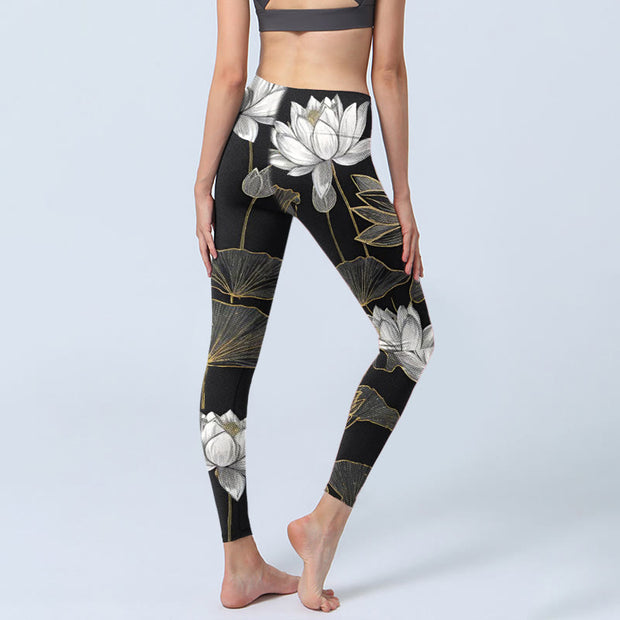 Buddha Stones White Golden Lotus Leaves Print Gym Leggings Women's Yoga Pants - image 5