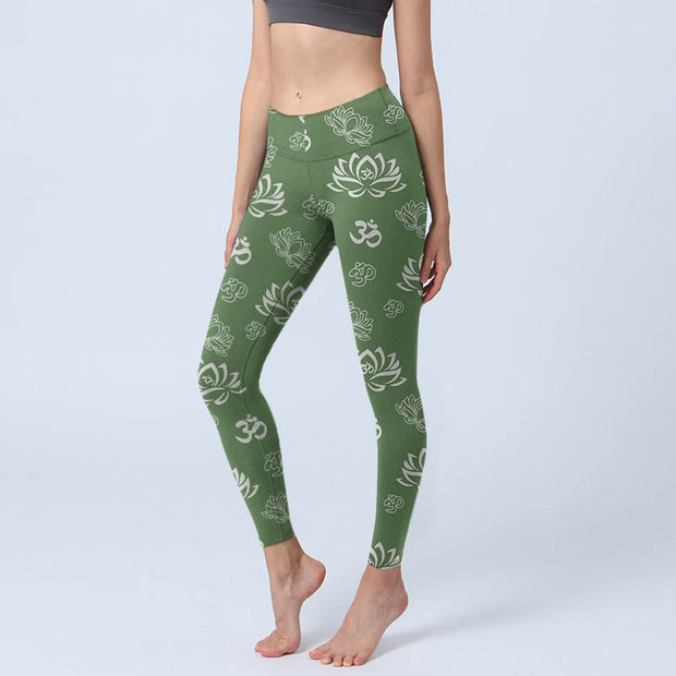 Buddha Stones Lotus Flower OM Symbol Print Gym Leggings Women's Yoga Pants - DarkSeaGreen - US18，UK/AU22，EU50 (4XL) - image 1