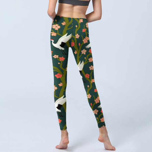 Buddha Stones White Red-crowned Cranes Red Orange Flower Trees Print Gym Leggings Women's Yoga Pants - image 7