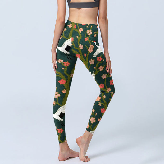 Buddha Stones White Red-crowned Cranes Red Orange Flower Trees Print Gym Leggings Women's Yoga Pants - image 5