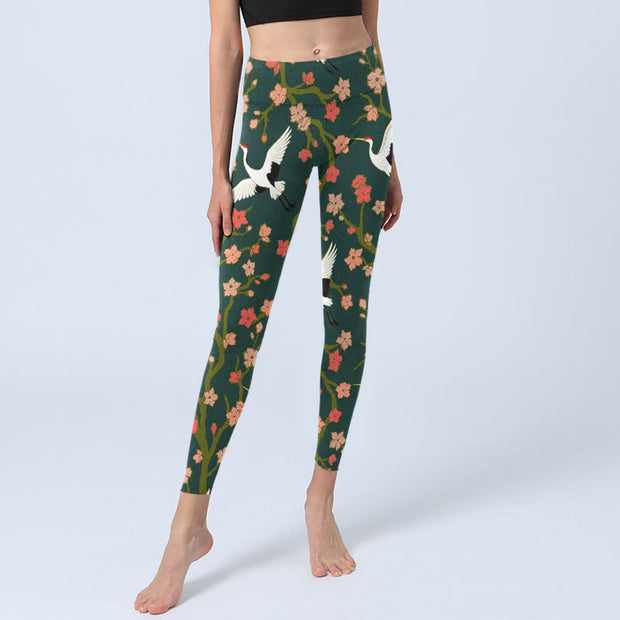 Buddha Stones White Red-crowned Cranes Red Orange Flower Trees Print Gym Leggings Women's Yoga Pants - image 6