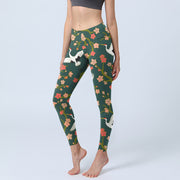 Buddha Stones White Red-crowned Cranes Red Orange Flower Trees Print Gym Leggings Women's Yoga Pants - CadetBlue - US18，UK/AU22，EU50 (4XL) - image 1